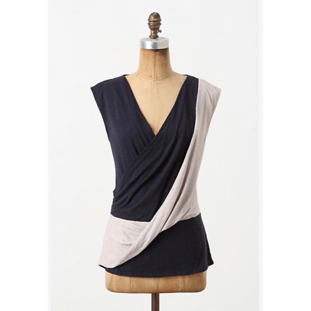 Anthropologie Leifnotes Navy Gray Colorblock Surplice Wrap Draped V-Neck Top XS